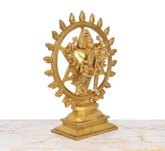 Brass Sudarshana Vishnu statue, side view of Yoga Narasimha figure and halo
