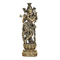 Lord Krishna brass sculpture statue, 12 inch height, detailed crowns and ornaments