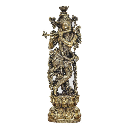 Bronze Lord Krishna Idol Figurine Sculpture Playing Flute Statue, for Home Decor Mandir Pooja Decorative Showpiece, (Height 12 Inch)