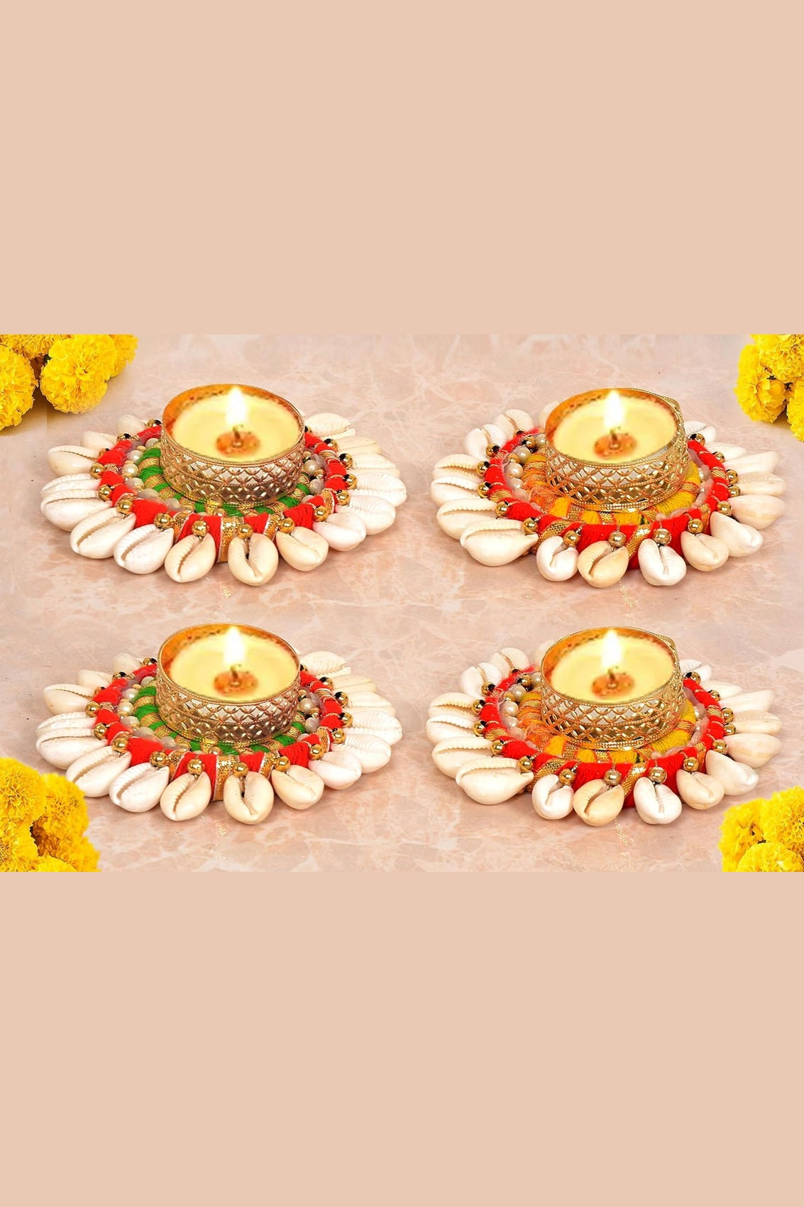 Set of 4 Diwali diya tea light holders with gold mesh bowl, shell petals, bead trim