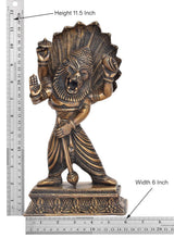 Bronze Narasimha-Vishnu statue with height 11.5 in measurement guide and carved base