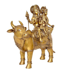 Brass Shiva family statue with Nandi head, seated deities and baby, home decor