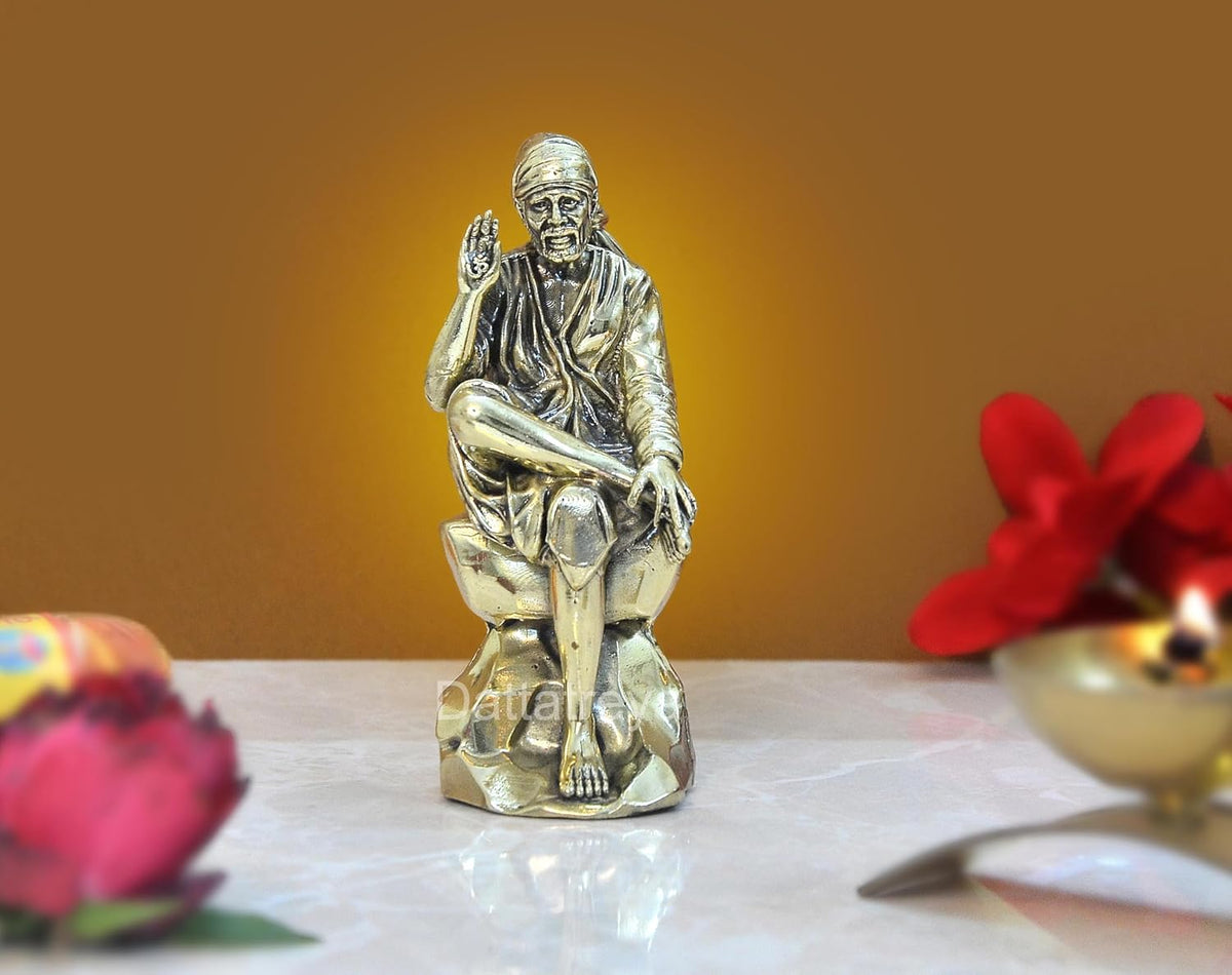 Brass Shirdi Sai Baba statue, seated pose with raised hand, 4 inch height