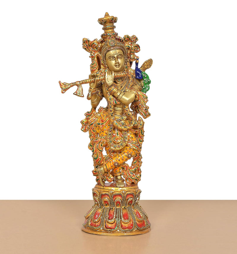 Handcrafted Brass Krishna Idol with Flute and Peacock Feather (Height 18 Inch)