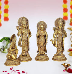 Brass Ram Darbar idol statues on base, 16 inches—front view, detailed crowns