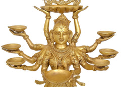 Brass Standing Ten-Armed Deepalakshmi Statue | Traditional Multi-Lamp Goddess Idol for Puja, Home Temple, Diwali Gifts & Home Décor (Height: 28 Inches)