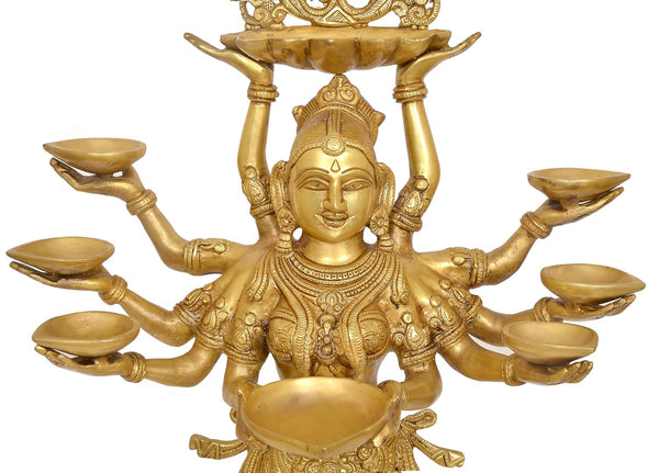 Brass Standing Ten-Armed Deepalakshmi Statue | Traditional Multi-Lamp Goddess Idol for Puja, Home Temple, Diwali Gifts & Home Décor (Height: 28 Inches) Study Setting