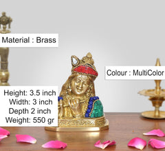 Krishna brass flute idol, multi-color attire and beads, height 3.5 inch