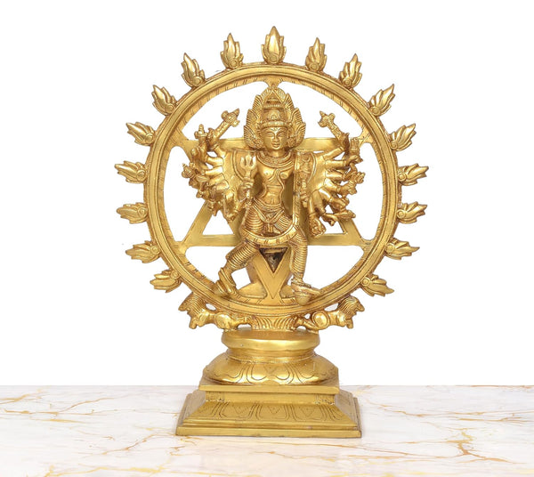 Brass Sudarshana Vishnu Statue with Yoga Narasimha on Reverse (Height 14 Inch) Study Setting