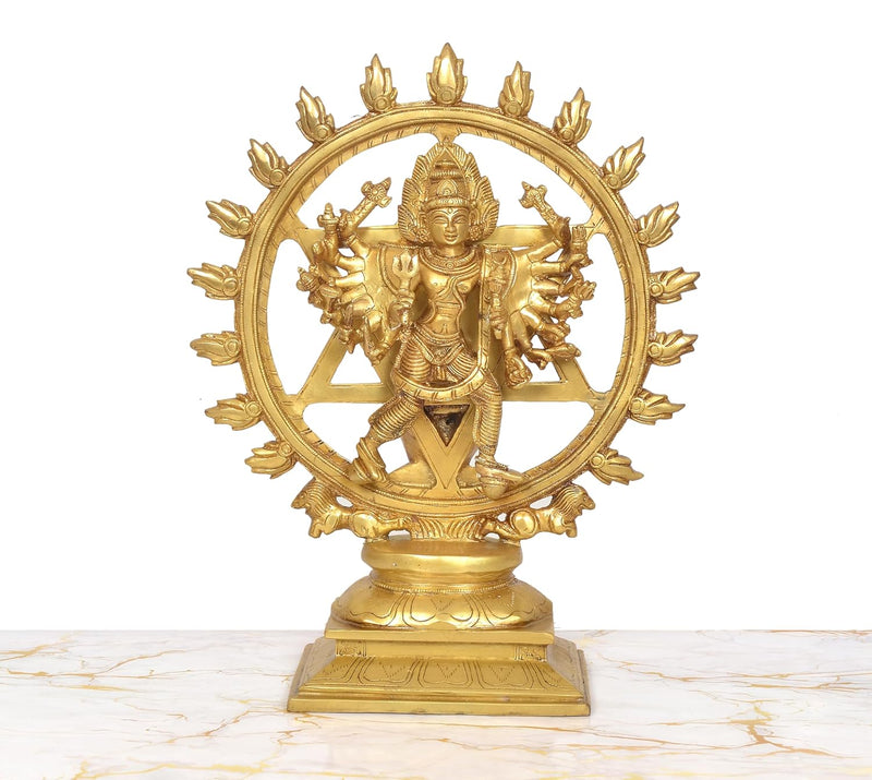 Brass Sudarshana Vishnu Statue with Yoga Narasimha on Reverse (Height 14 Inch)