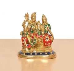Brass Shiv Parivar idol front view, seated figures with red, green and blue accents