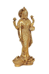 Lakshmi brass standing statue with back-and-side pose, raised arms and lotus tray