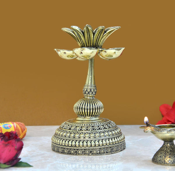 Superfine Brass Lotus Oil Lamp Diya for Home Decor Room Office Diwali Pooja Gift Decoration Showpiece (Height 6 Inch) Study Setting