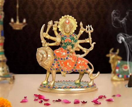 Brass Durga Maa with Lion Idol (Height: 7.5 Inch)