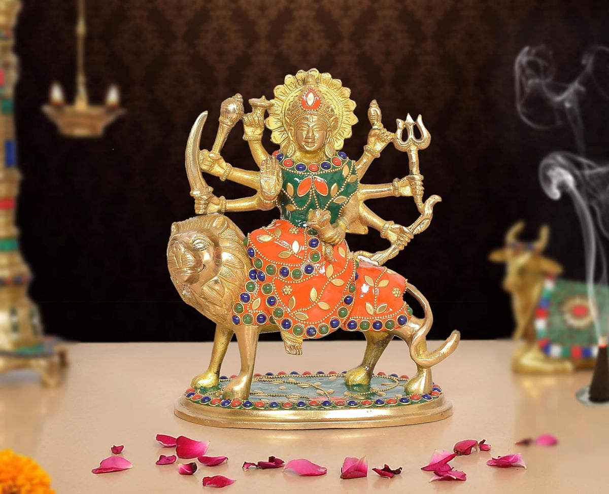 Brass Durga Maa idol with lion, multicolored detailing, 7.5 inch height