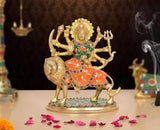 Brass Durga Maa idol with lion, multicolored detailing, 7.5 inch height