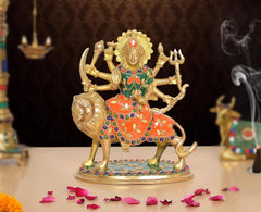 Brass Durga Maa idol with lion, multicolored detailing, 7.5 inch height