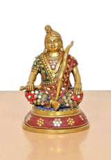 Brass Ram Lala sitting figure, front view with jeweled vest and gem-studded skirt