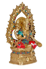 Brass Lakshmi maa figurine front-side angle, jeweled halo ring and raised hands