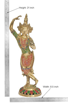 Tara Devi brass statue, 21 inch height, multicolor dress with circular base