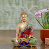 Brass Buddha-Idol im Bhumisparsha Mudra, rotes Gewand, blaue Verzierung, 16in
