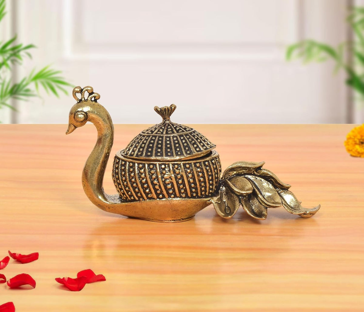 Brass kumkum box duck & swan showpiece with decorative domed lid, open base