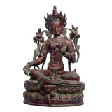 Brass Green Tara Devi statue, seated figure with multi-armed halo, 15 inch height