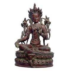 Brass Green Tara Devi statue, seated figure with multi-armed halo, 15 inch height