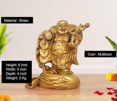 Brass laughing Buddha standing statue, 6 inch height, coin bag design, gold tone