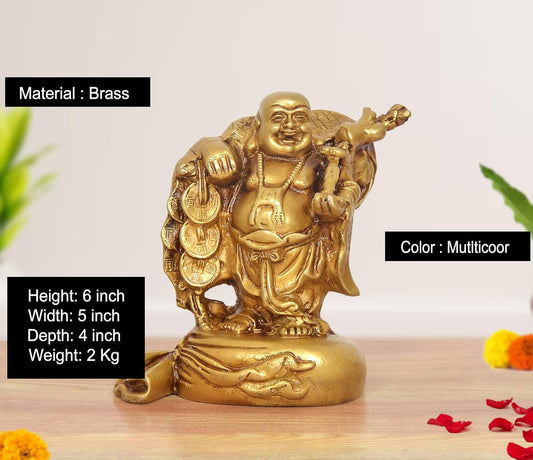 Brass Laughing Buddha Standing Statue Happy Man for Good Luck (Height :6 inch)