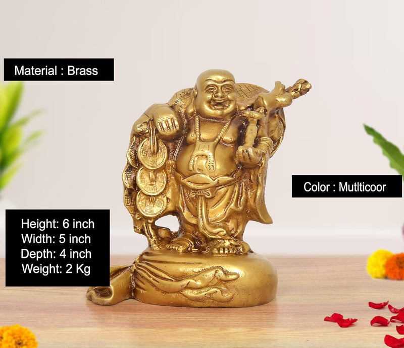 Brass Laughing Buddha Standing Statue Happy Man for Good Luck (Height :6 inch)