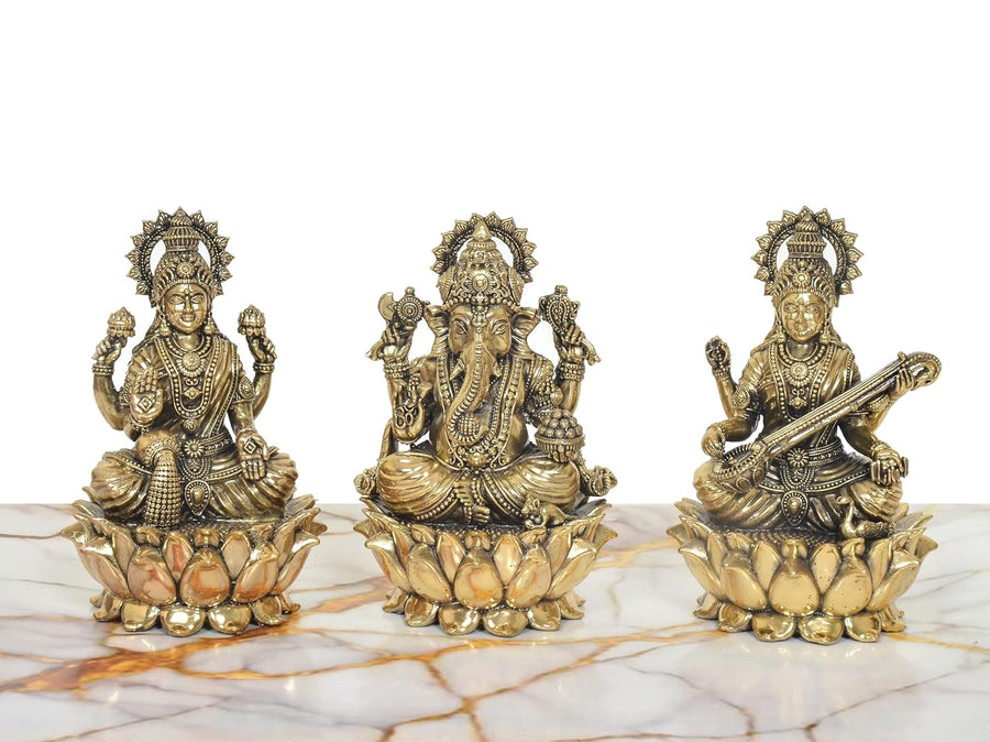 Superfine Brass Lakshmi Ganesh Saraswati Idol (Height:6 Inch) Craft Detail