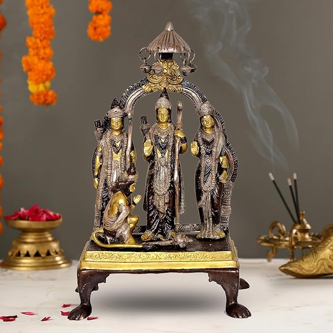 Brass Ram Darbar statue, four deity figures with ornate arch and golden base (13.5 in)