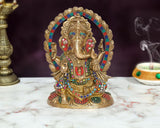 Brass Ganesha statue (10 inch), multicolor jeweled halo and ornate deity details