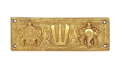 Front view of brass Balaji wall hanging plate with Namam tilak, Sanku and Chakra, 4 holes