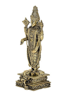 Tirupati Balaji brass idol statue, side view of standing deity with decorative base