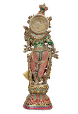 Brass Radha idol statue rear view with detailed circular halo and green-red dress