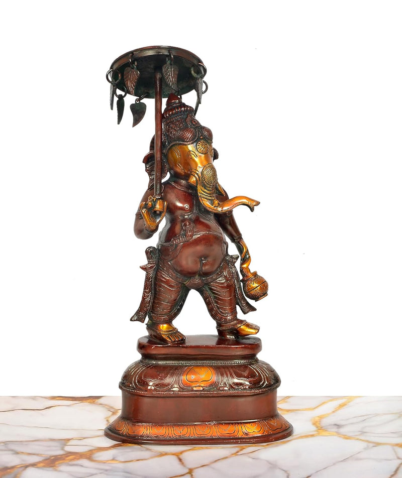 Brass Ganesha Holding Parasol in One Hand Sculpture (Height: 15 Inch)