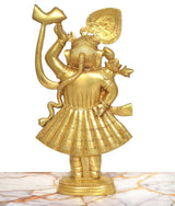 Brass Shreenathji statue rear view, golden figure with broad halo and fluted skirt