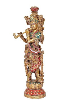 Brass Krishna statue standing on ornate base, detailed jewelry and crown, 14 in