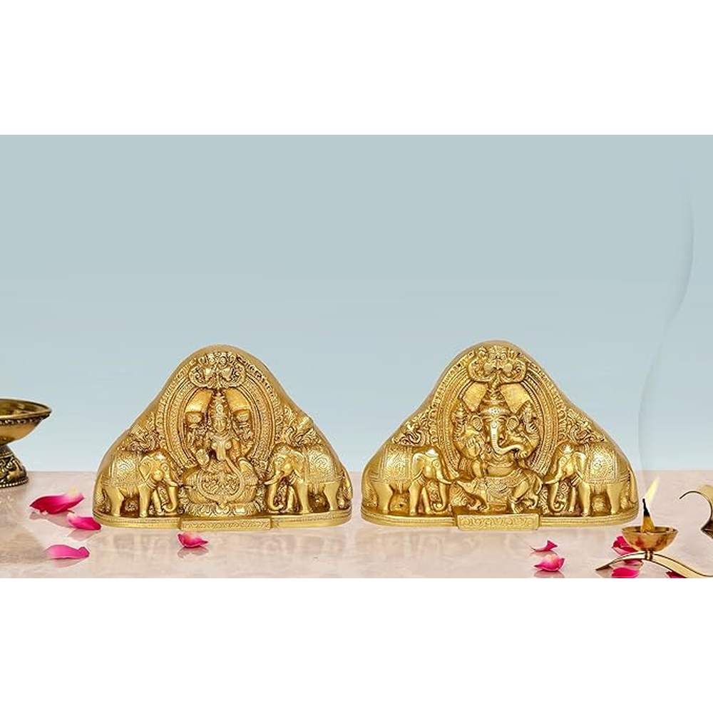 Brass sitting Lakshmi-Ganesh idol statue, ornate detailing, 4.5 inch