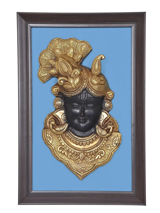 Brass Shreenathji Face Mask with Fram Idol Wall Hanging Good Luck for Temple Home Door Mandir and Office (Height 15 Inch)