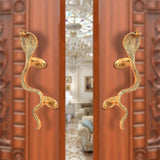 Brass snake door handle with two golden backplates on door