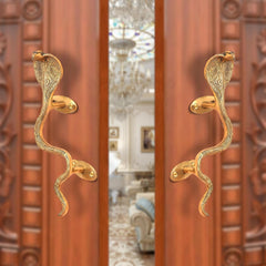 Brass snake door handle with two golden backplates on door