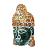 Wooden Buddha mask wall hanging, side profile with teal face and gold patterned headpiece