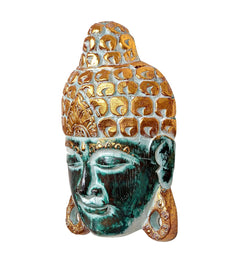 Wooden Buddha mask wall hanging, side profile with teal face and gold patterned headpiece