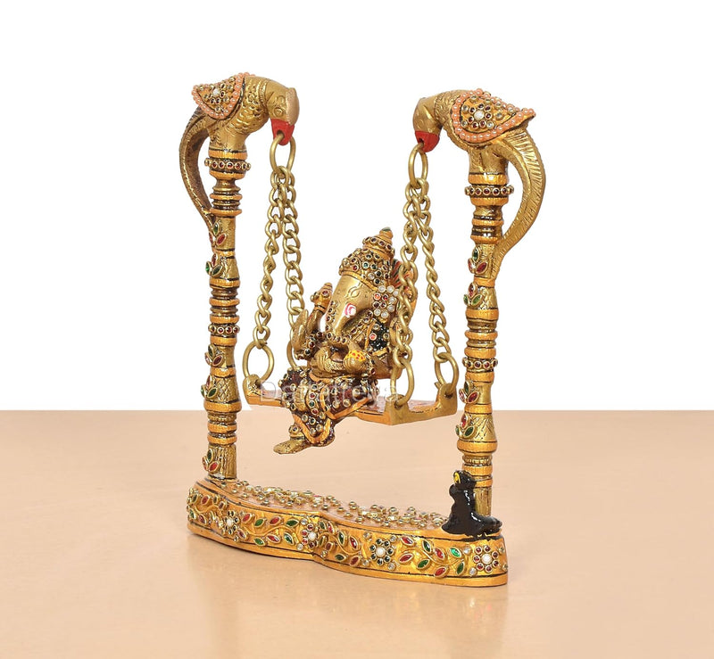 Brass Ganesha On Swing with Two Parrot Holding Chain Statue (Height 8 Inch)