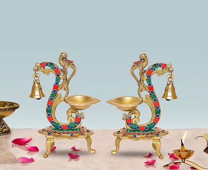 AONA brass peacock bird oil lamp stand, pair with bell diyas on ornate base