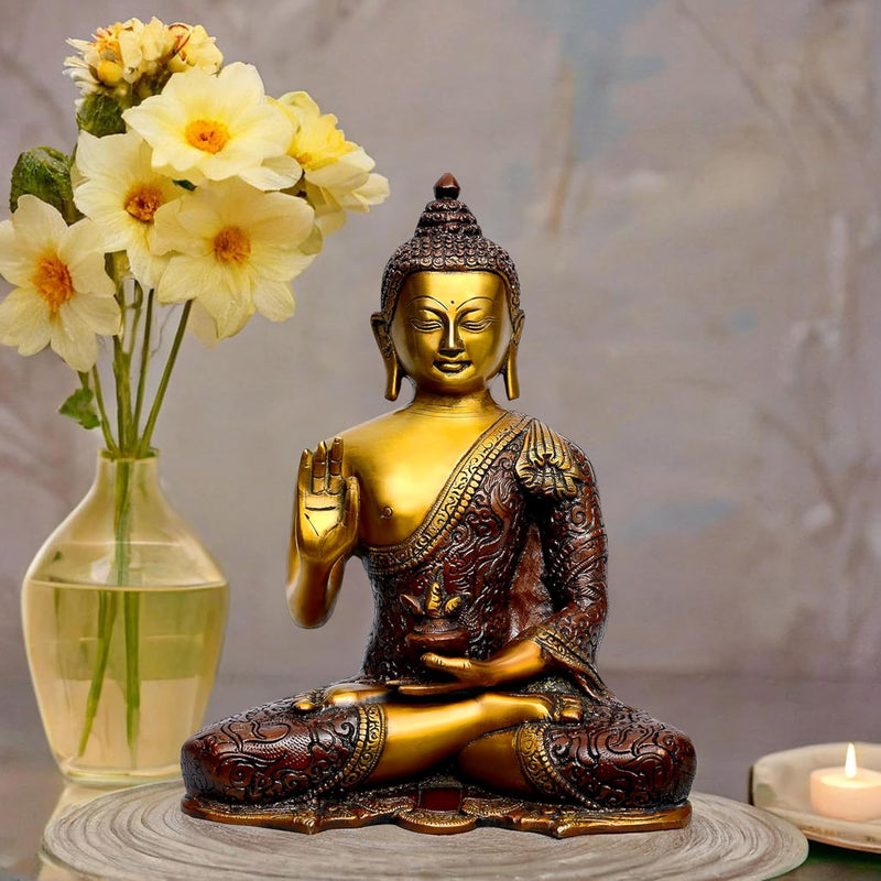Brass Buddha Give Blessings Idol Statue Murti (Height: 10 Inch)