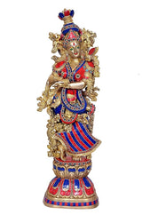 Radha-Krishna brass Murti statue, side/front angle, gold figure with blue-red decorations
